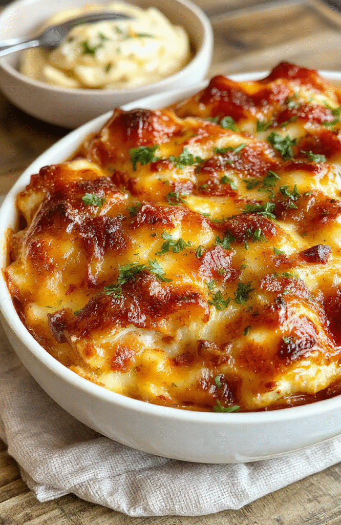 Colorful hobo casserole featuring layers of seasoned ground beef, vegetables, and melted cheese, served in a rustic oven dish with a golden-brown topping, garnished with fresh herbs, styled casually on a wooden table.