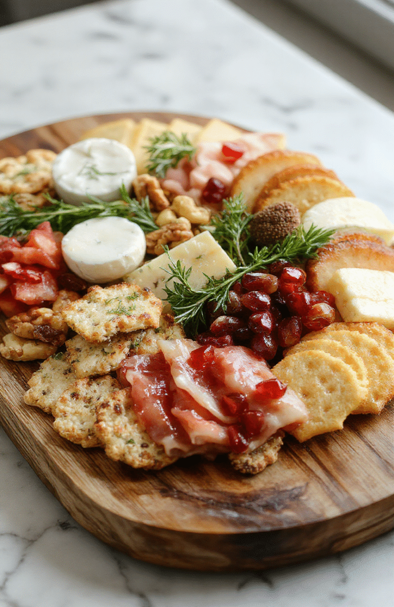 A vibrant holiday charcuterie board featuring an assortment of cheeses, meats, fresh fruits, nuts, and crackers, artfully arranged on a rustic wooden platter with seasonal garnishes like sprigs of rosemary and pomegranate seeds, styled with colorful elements for a festive look.