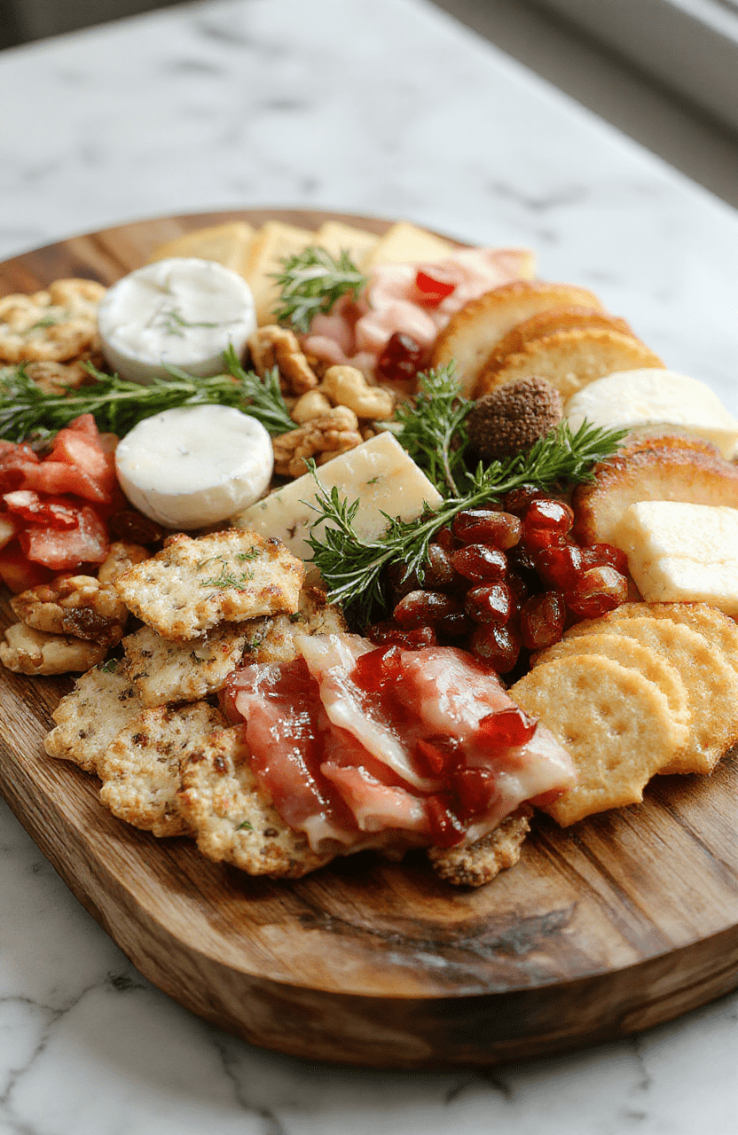 A vibrant holiday charcuterie board featuring an assortment of cheeses, meats, fresh fruits, nuts, and crackers, artfully arranged on a rustic wooden platter with seasonal garnishes like sprigs of rosemary and pomegranate seeds, styled with colorful elements for a festive look.
