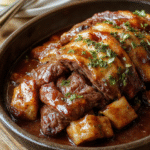 A beautifully glazed honey baked beef roast in the center of a rustic wooden platter, garnished with fresh herbs and sliced to reveal tender juicy interior, surrounded by roasted vegetables and drizzled with golden honey glaze, styled for a festive holiday presentation.