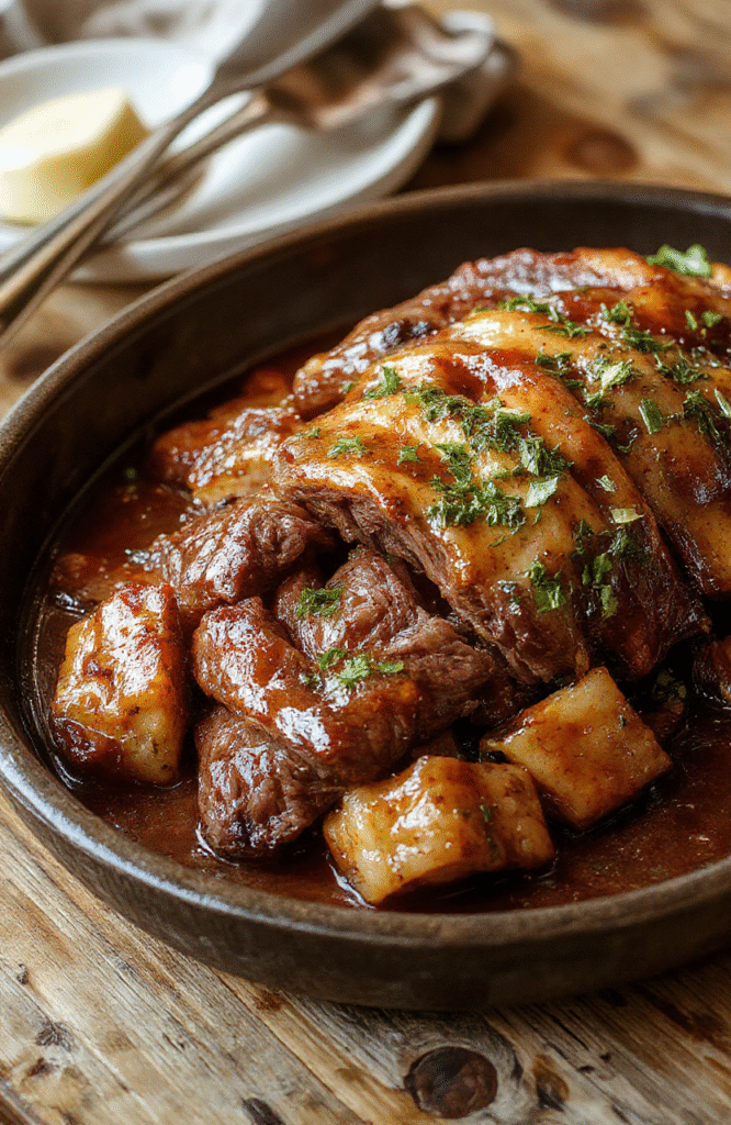 A beautifully glazed honey baked beef roast in the center of a rustic wooden platter, garnished with fresh herbs and sliced to reveal tender juicy interior, surrounded by roasted vegetables and drizzled with golden honey glaze, styled for a festive holiday presentation.