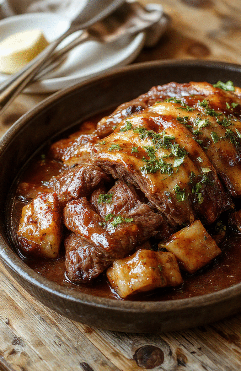 A beautifully glazed honey baked beef roast in the center of a rustic wooden platter, garnished with fresh herbs and sliced to reveal tender juicy interior, surrounded by roasted vegetables and drizzled with golden honey glaze, styled for a festive holiday presentation.