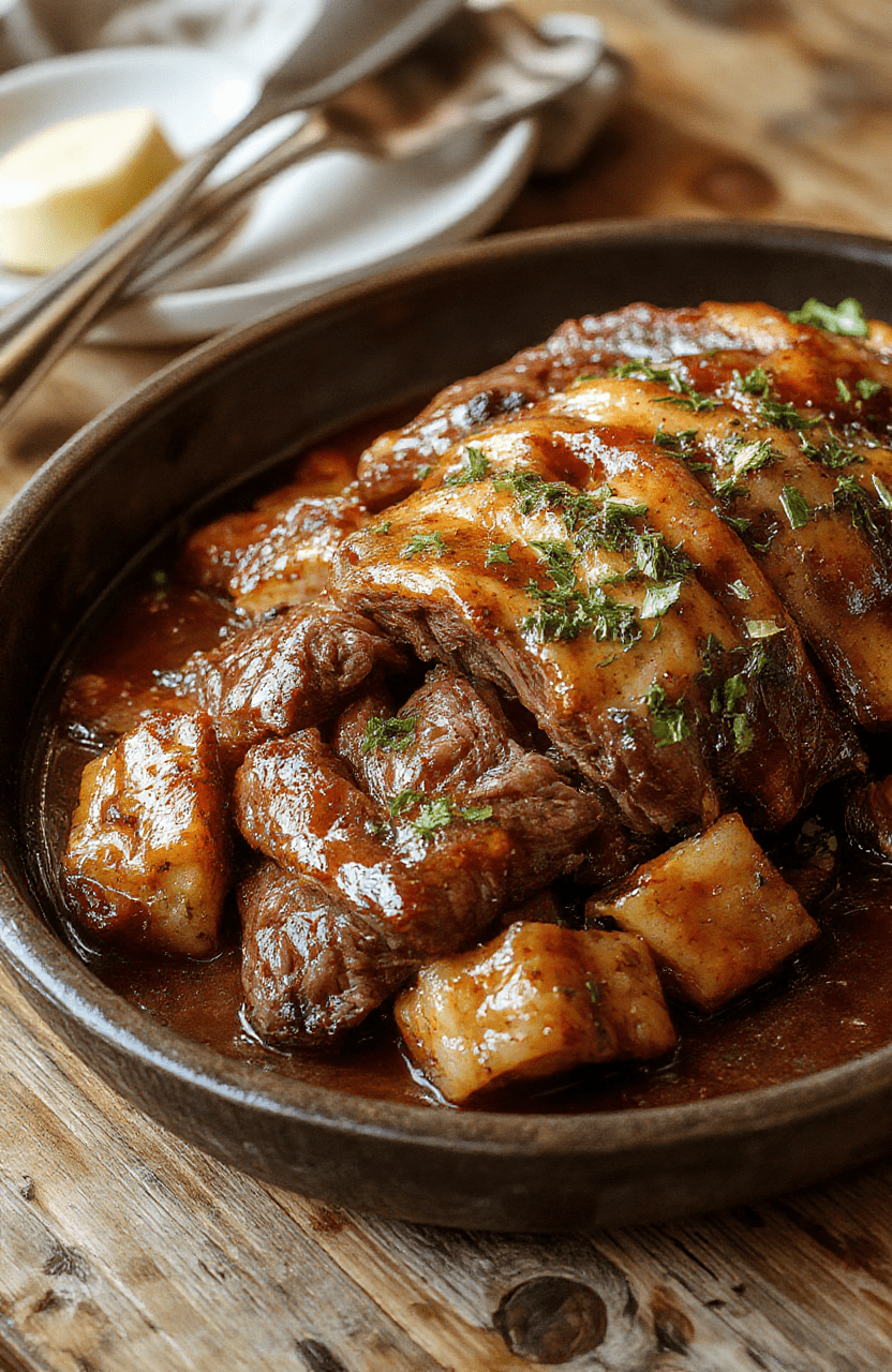 A beautifully glazed honey baked beef roast in the center of a rustic wooden platter, garnished with fresh herbs and sliced to reveal tender juicy interior, surrounded by roasted vegetables and drizzled with golden honey glaze, styled for a festive holiday presentation.