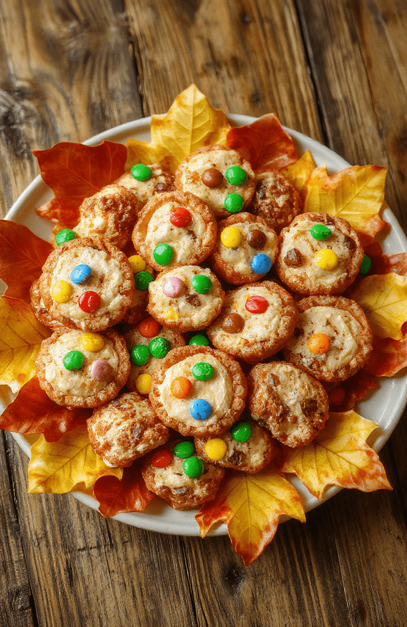Colorful Thanksgiving-themed kids' treats arranged on a festive plate, featuring mini pies, colorful candies, and fun holiday shapes, styled with autumn leaves and warm lighting