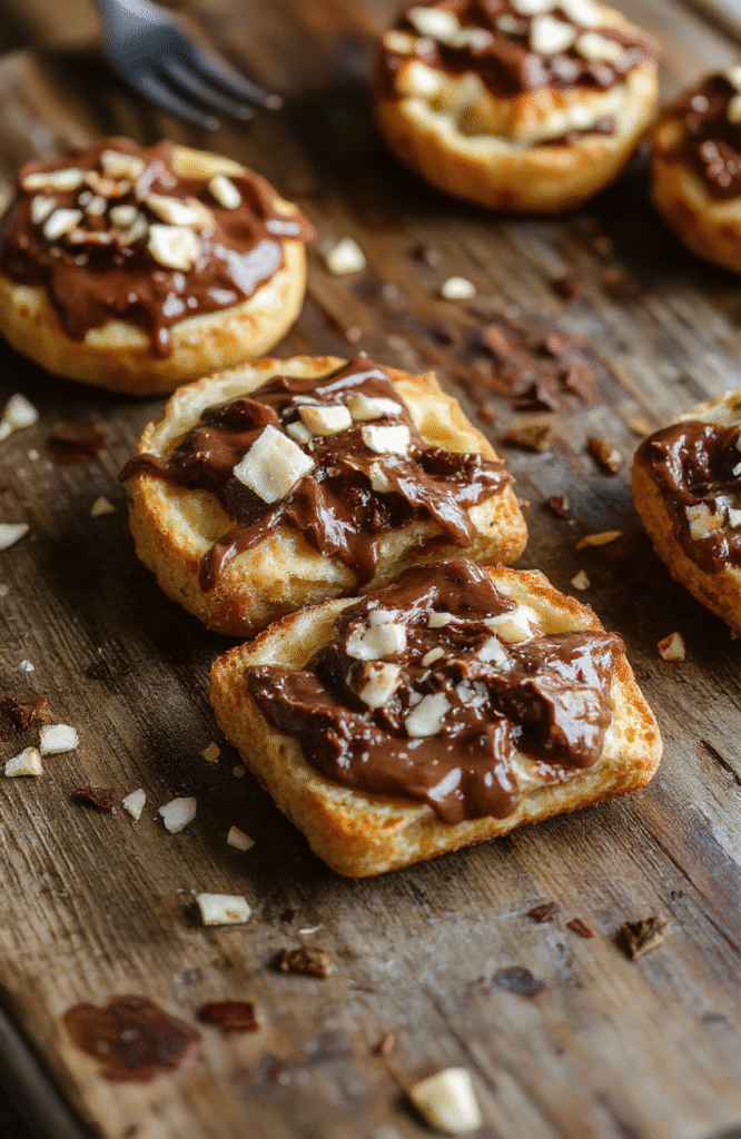 Golden brown Nutella toast pies arranged neatly on a white plate, drizzled with extra Nutella and dusted with powdered sugar, with a flaky, crispy exterior and a melty chocolate center, styled with a rustic wooden background and soft natural lighting.