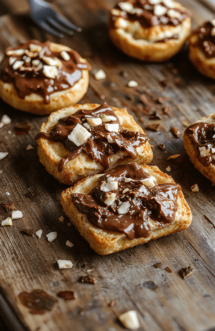 Golden brown Nutella toast pies arranged neatly on a white plate, drizzled with extra Nutella and dusted with powdered sugar, with a flaky, crispy exterior and a melty chocolate center, styled with a rustic wooden background and soft natural lighting.