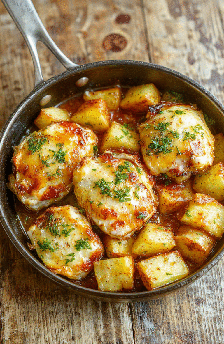 A vibrant plate featuring golden roasted chicken breasts topped with grated parmesan and fresh garlic, surrounded by crispy roasted small potatoes garnished with herbs, all arranged on a rustic white platter with a scattering of chopped parsley for a fresh pop of color.
