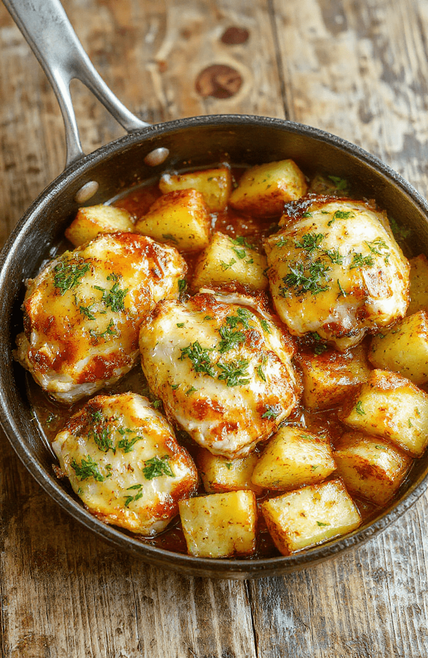 A vibrant plate featuring golden roasted chicken breasts topped with grated parmesan and fresh garlic, surrounded by crispy roasted small potatoes garnished with herbs, all arranged on a rustic white platter with a scattering of chopped parsley for a fresh pop of color.