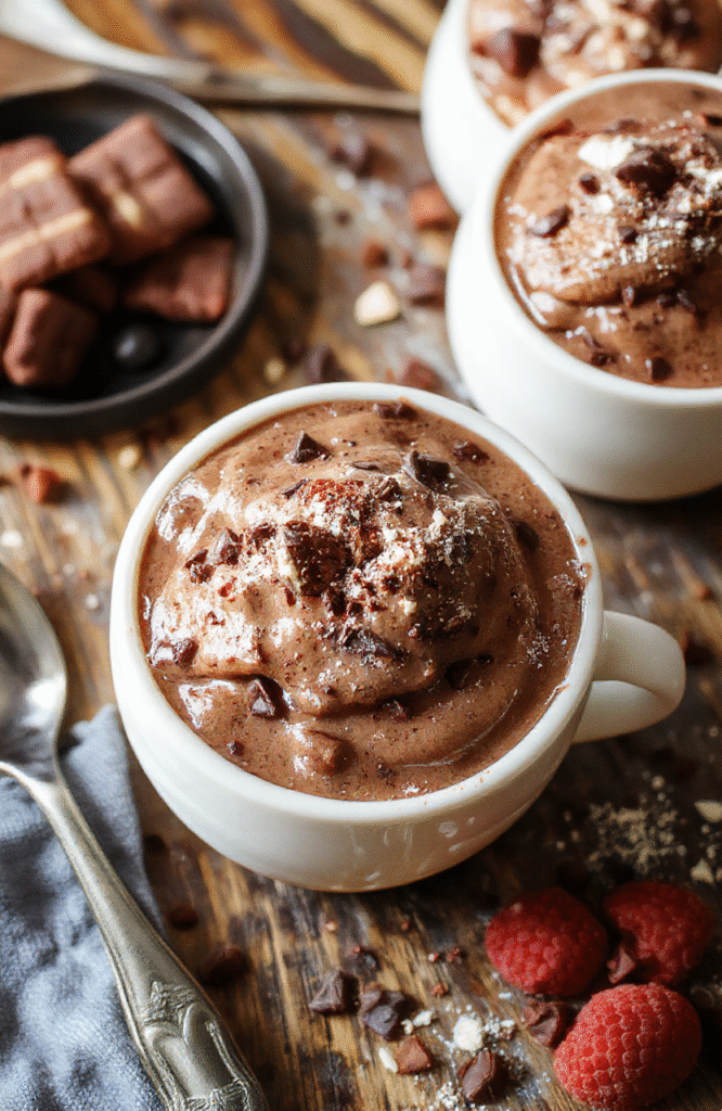 A vibrant hot chocolate bar setup with a variety of colorful toppings like whipped cream, marshmallows, chocolate shavings, caramel drizzle, and candy canes, arranged on a rustic wooden table with cozy holiday decorations and warm lighting.