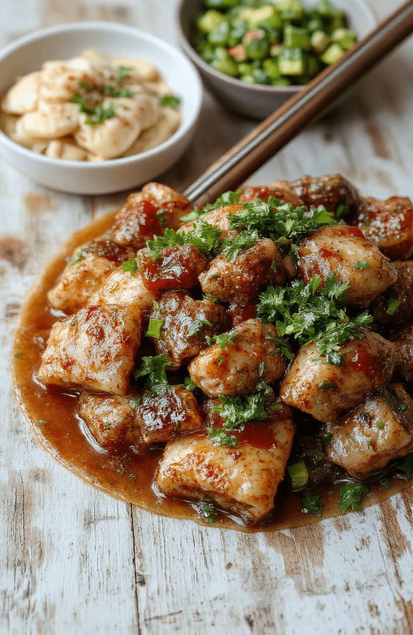 A vibrant plate of golden-brown potstickers stir-fried with colorful vegetables on a rustic wooden table, garnished with chopped green onions and sesame seeds, with a side of soy sauce in a small bowl, styled simply to emphasize the crispy texture and fresh ingredients.