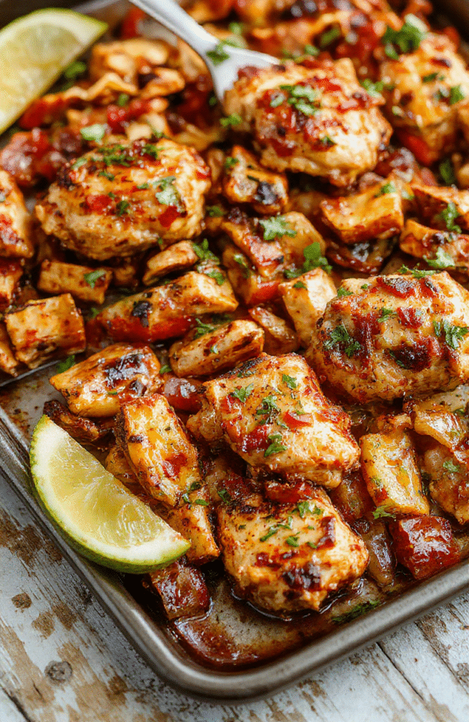 Colorful sheet pan chicken fajitas featuring vibrant red and green bell peppers, juicy grilled chicken strips, and warm tortillas artfully arranged on a rustic wooden surface, with a sprinkle of fresh cilantro and lime wedges for garnish, all styled for a casual, appetizing presentation.