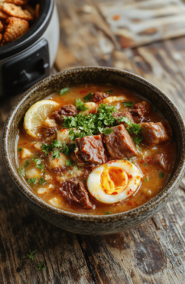 A steaming bowl of beef ramen noodles with tender sliced beef, soft-boiled eggs, green onions, and a rich broth, beautifully arranged on a rustic wooden table, captured with natural daylight, vibrant colors, and appealing textures.