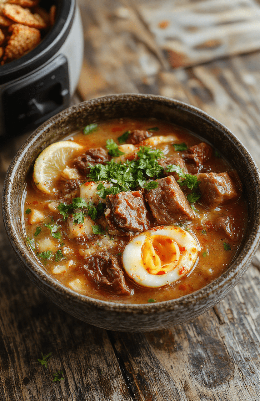 A steaming bowl of beef ramen noodles with tender sliced beef, soft-boiled eggs, green onions, and a rich broth, beautifully arranged on a rustic wooden table, captured with natural daylight, vibrant colors, and appealing textures.
