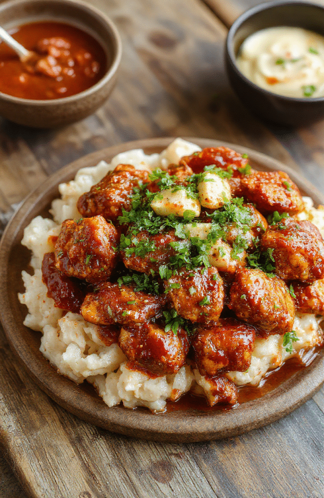 A vibrant plate of sweet chili chicken featuring golden crispy chicken pieces coated with a glossy red sweet chili sauce, garnished with chopped green onions and sesame seeds, served on a white ceramic plate with a background of fresh ingredients and a rustic wooden table, styled casually to evoke a homey, appetizing ambiance.