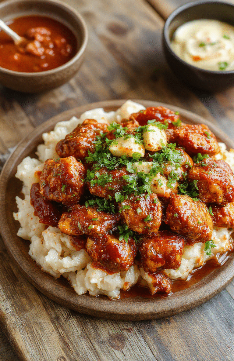 A vibrant plate of sweet chili chicken featuring golden crispy chicken pieces coated with a glossy red sweet chili sauce, garnished with chopped green onions and sesame seeds, served on a white ceramic plate with a background of fresh ingredients and a rustic wooden table, styled casually to evoke a homey, appetizing ambiance.