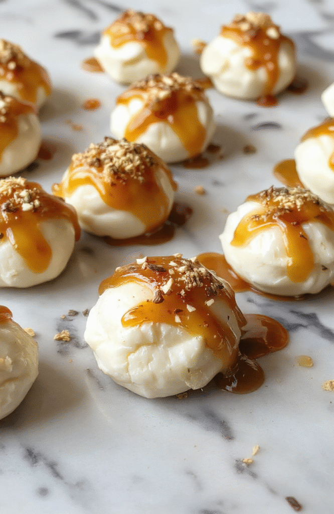 A close-up of small round goat cheese bites topped with golden honey and fresh herbs, arranged neatly on a white ceramic plate with a soft focus background. The bites are creamy with a slightly crumbly texture, drizzled with glossy honey that glistens under natural light, styled with delicate herbs for a fresh touch.