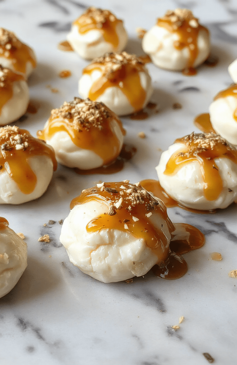 A close-up of small round goat cheese bites topped with golden honey and fresh herbs, arranged neatly on a white ceramic plate with a soft focus background. The bites are creamy with a slightly crumbly texture, drizzled with glossy honey that glistens under natural light, styled with delicate herbs for a fresh touch.