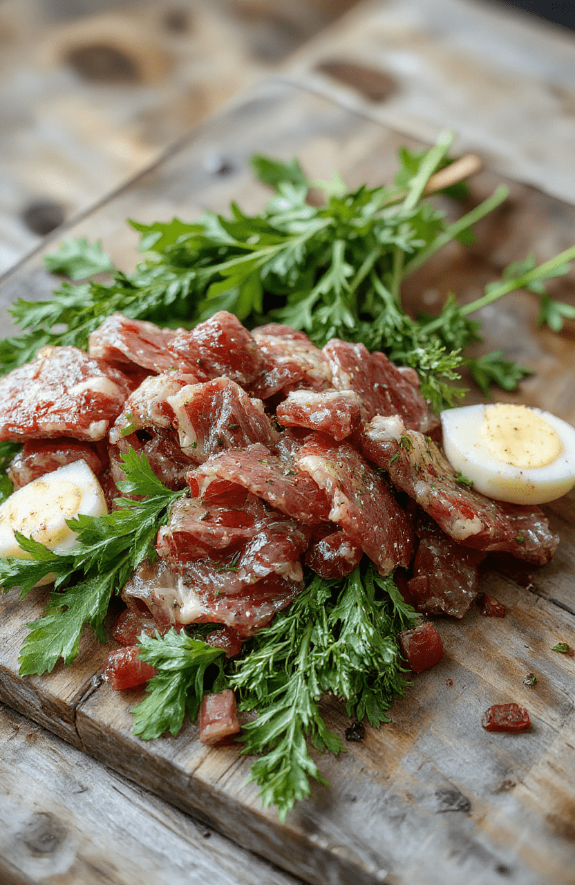 Colorful charcuterie meat flowers arranged on a white platter with fresh herbs, colorful vegetables, and assorted cured meats. The flowers are intricately crafted, featuring thin slices of ham, salami, and roast beef shaped into petals, with garnishes of edible flowers and microgreens. The presentation is sophisticated, with vibrant reds, pinks, and greens contrasting against the neutral background, styled on a rustic wooden surface with soft natural lighting.