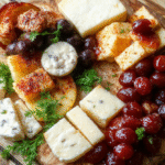 A beautifully arranged cheese board featuring a variety of cheeses, crackers, fresh fruits, nuts, and cured meats. The board is styled on a rustic wooden surface with a mix of textures, vibrant colors, and elegant garnishes, showcasing a sophisticated yet inviting presentation.