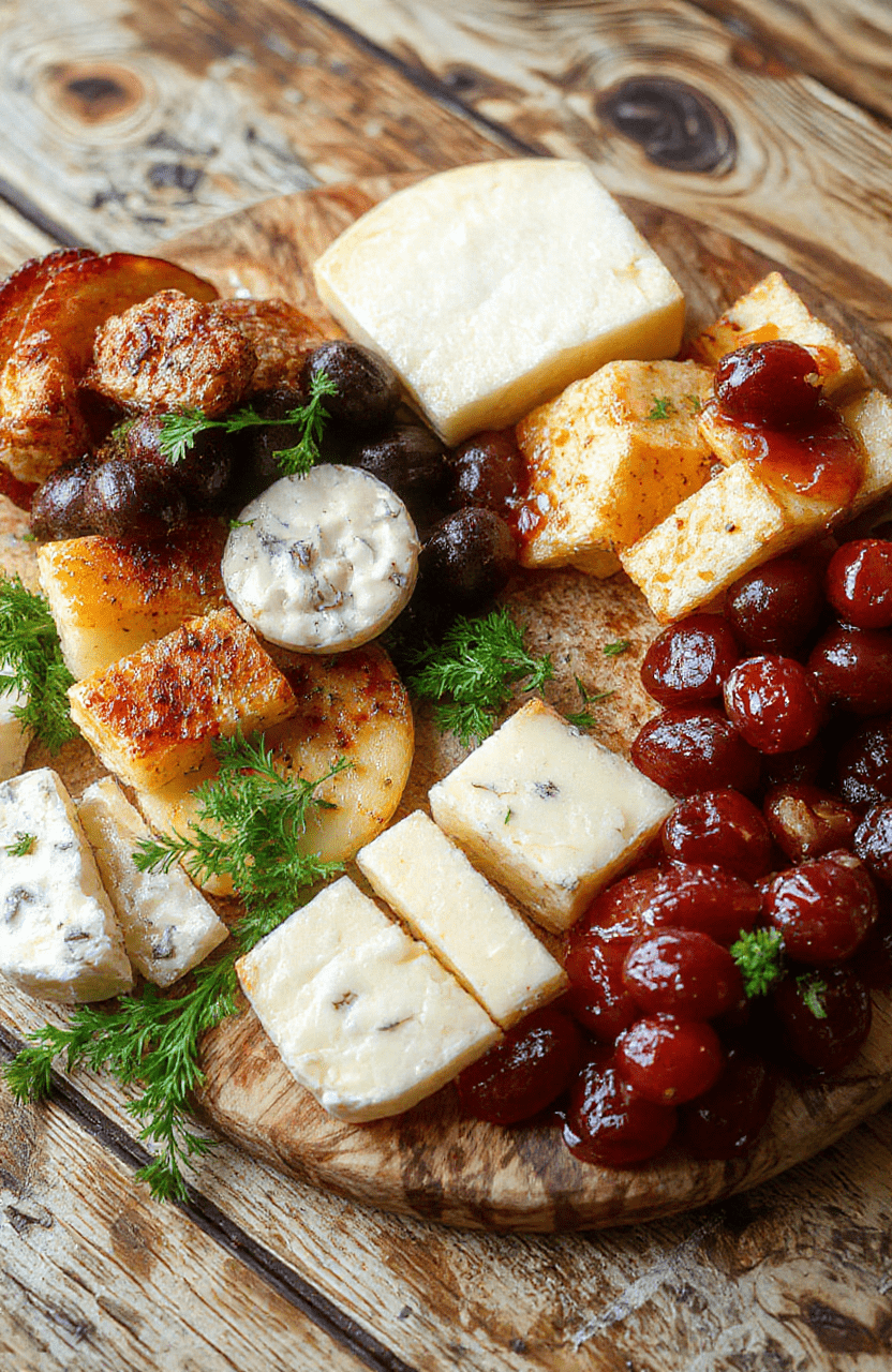 A beautifully arranged cheese board featuring a variety of cheeses, crackers, fresh fruits, nuts, and cured meats. The board is styled on a rustic wooden surface with a mix of textures, vibrant colors, and elegant garnishes, showcasing a sophisticated yet inviting presentation.