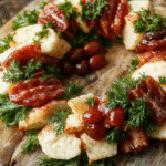 A vibrant holiday charcuterie wreath on a rustic wooden board featuring an array of colorful cheeses, cured meats, fresh fruits, nuts, and festive garnishes arranged in a circular wreath shape, decorated with sprigs of rosemary and cranberries, with a soft natural light highlighting textures and vivid colors.