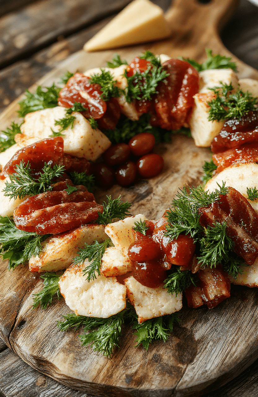 A vibrant holiday charcuterie wreath on a rustic wooden board featuring an array of colorful cheeses, cured meats, fresh fruits, nuts, and festive garnishes arranged in a circular wreath shape, decorated with sprigs of rosemary and cranberries, with a soft natural light highlighting textures and vivid colors.