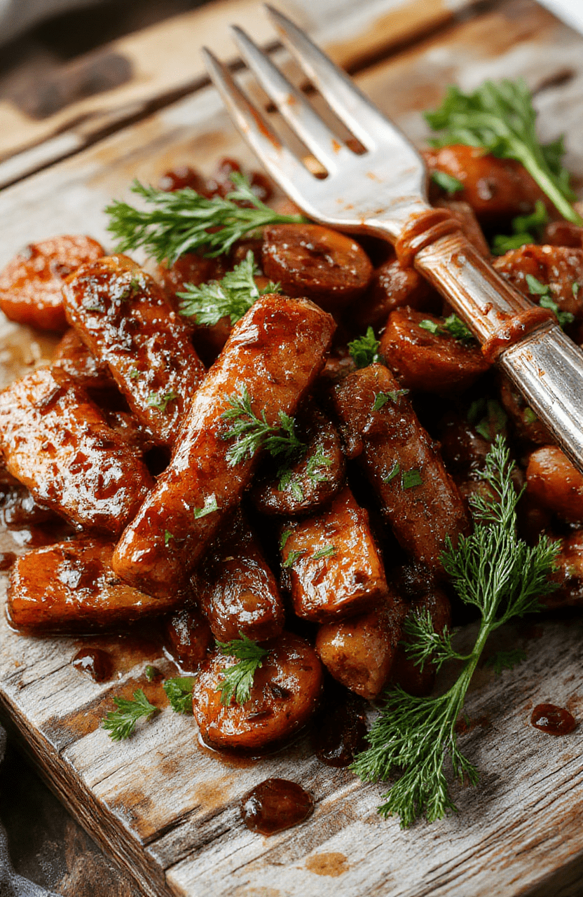 Colorful glazed carrots arranged on a white ceramic plate, topped with fresh herbs, with a glossy caramelized glaze highlighting their tender texture, surrounded by warm ambient lighting and rustic wooden background, styled with festive holiday decorations