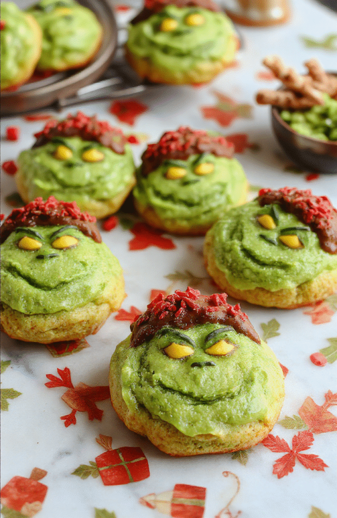 Colorful festive Grinch cookies arranged on a holiday-themed plate with red, green, and white icing, subtle Christmas decorations in the background, textured sugar coating, and playful green details, styled for a cheerful holiday presentation.