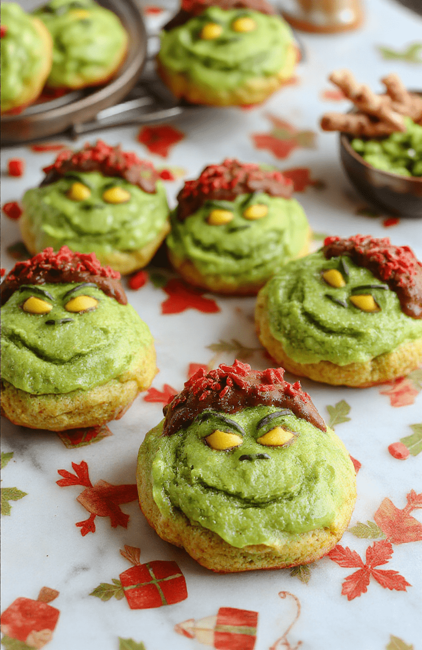 Colorful festive Grinch cookies arranged on a holiday-themed plate with red, green, and white icing, subtle Christmas decorations in the background, textured sugar coating, and playful green details, styled for a cheerful holiday presentation.