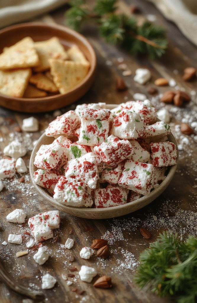 A vibrant plate of Christmas Puppy Chow with colorful powdered sugar coating, mixed with festive rainbow candies and chocolate chunks, styled on a rustic wooden table with holiday decorations in the background, emphasizing the fun and cheery holiday vibe.