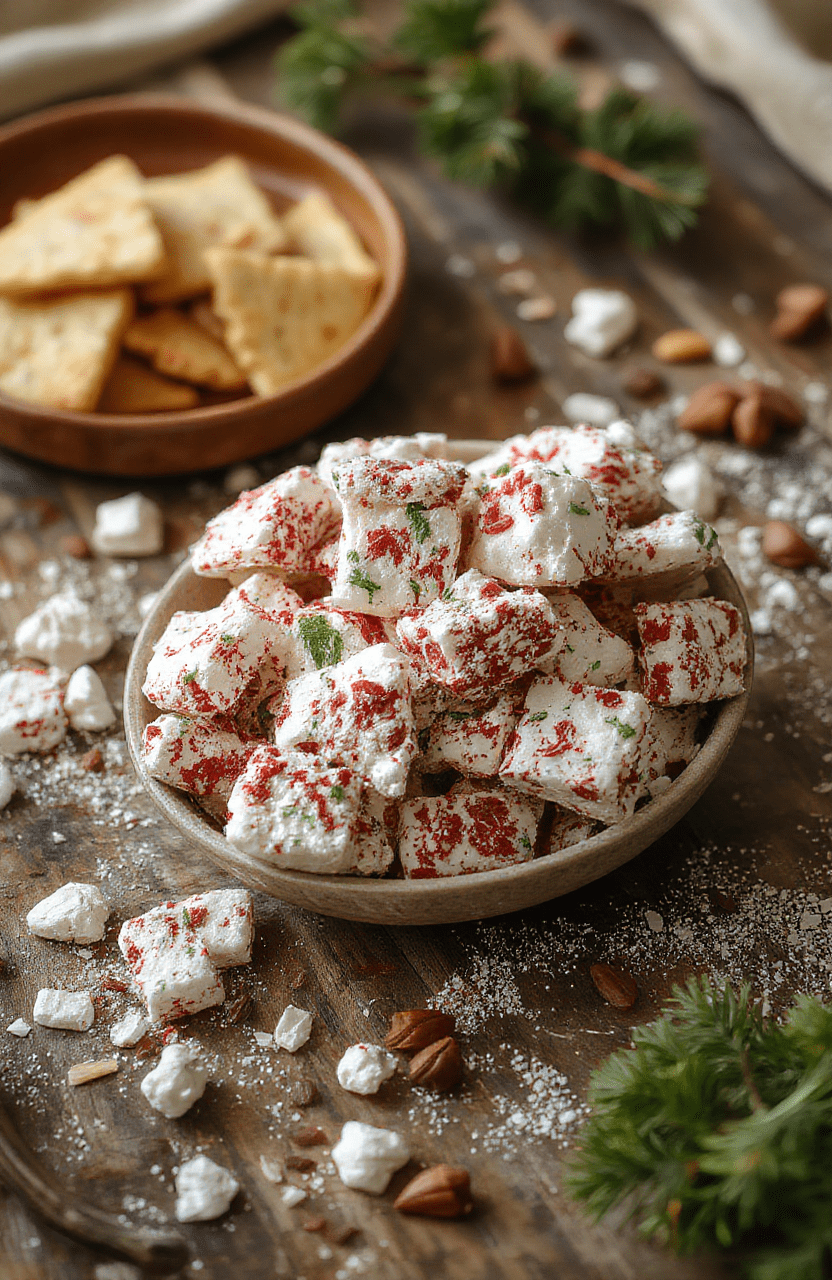 A vibrant plate of Christmas Puppy Chow with colorful powdered sugar coating, mixed with festive rainbow candies and chocolate chunks, styled on a rustic wooden table with holiday decorations in the background, emphasizing the fun and cheery holiday vibe.