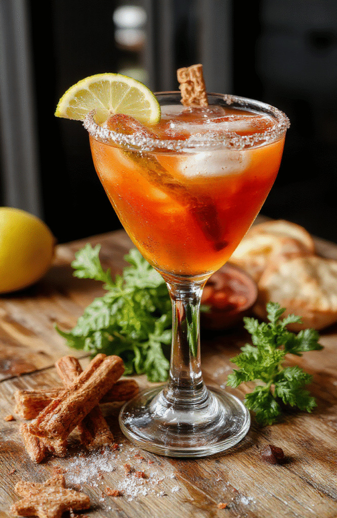 A vibrant glass of Festive Spiced Margarita garnished with a cinnamon stick and citrus slices, surrounded by holiday decorations. The drink has a bright orange hue, a salted rim, and a sugared cinnamon rim, with tiny ice crystals visible on the surface. The background features warm, cozy holiday lighting with a rustic wooden table, creating a cheerful, inviting atmosphere.