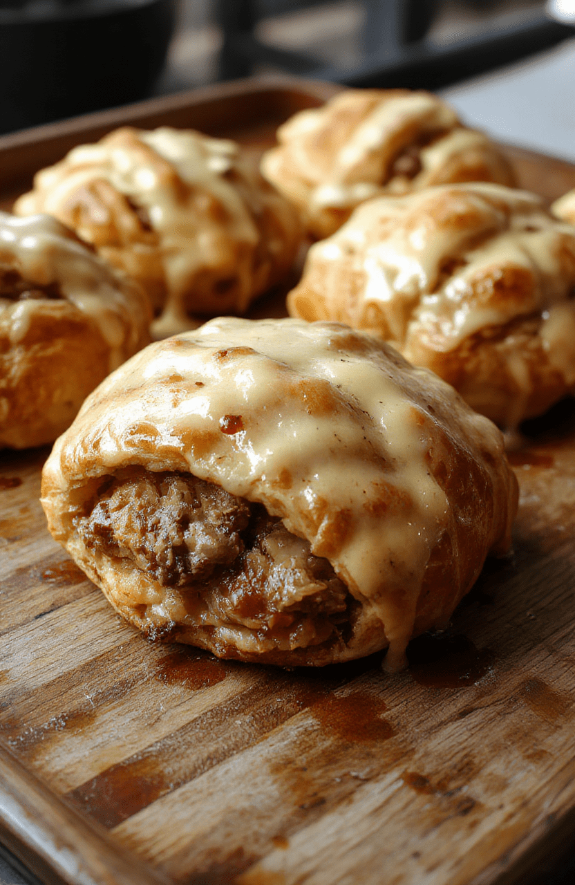Golden flaky beef and cheese croissants arranged on a rustic wooden board, with melted cheese and tender beef visible inside, topped with fresh herbs, styled simply for a warm brunch presentation.