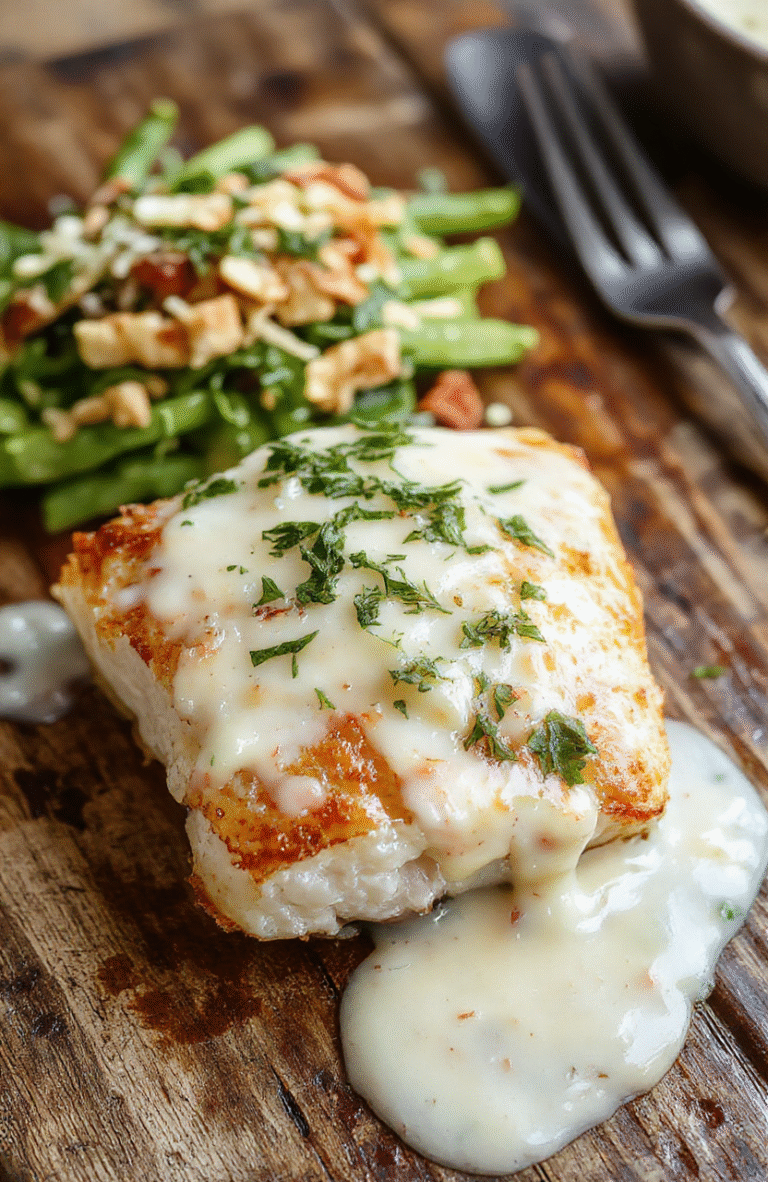 A golden flaky baked cod fillet topped with a vibrant coconut lemon cream sauce, garnished with fresh herbs, served on a white plate with a lemon wedge, accompanied by colorful vegetables, styled on a rustic wooden table with natural lighting.