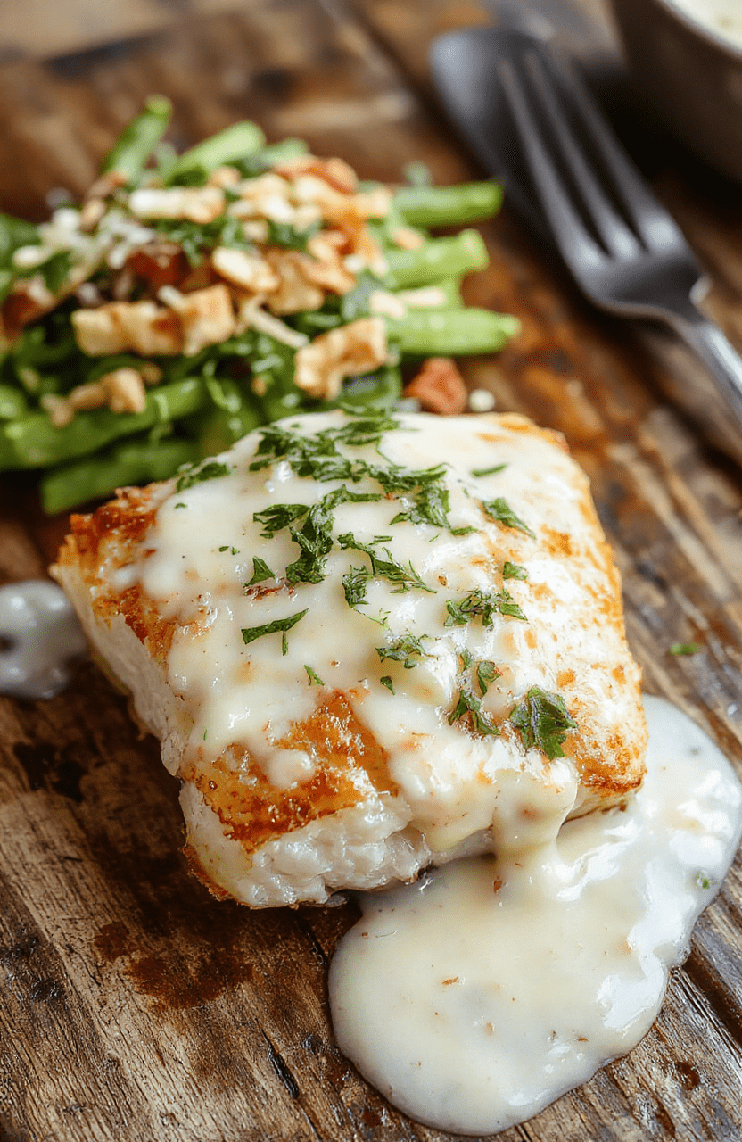 A golden flaky baked cod fillet topped with a vibrant coconut lemon cream sauce, garnished with fresh herbs, served on a white plate with a lemon wedge, accompanied by colorful vegetables, styled on a rustic wooden table with natural lighting.