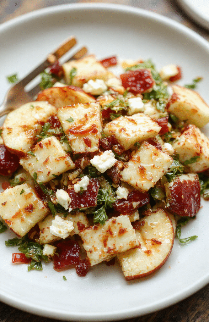 A vibrant plate of apple feta salad featuring sliced apples, crumbled feta cheese, mixed greens, and walnuts, with a drizzle of honey mustard dressing. The colorful ingredients are artfully arranged on a rustic white plate, highlighting the textures and colors of the fresh produce, with a blurred fall-themed background.