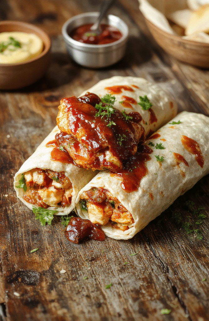 A vibrant plate of BBQ chicken wraps featuring golden toasted tortillas filled with juicy grilled chicken, smoky BBQ sauce, crisp lettuce, and melted cheese. The wraps are neatly rolled, showcasing the colorful ingredients inside, with a few fresh herbs scattered atop. The presentation emphasizes the appetizing textures, warm tones, and inviting freshness, styled simply on a rustic wooden table with natural lighting highlighting the glossy sauce and crispy edges.