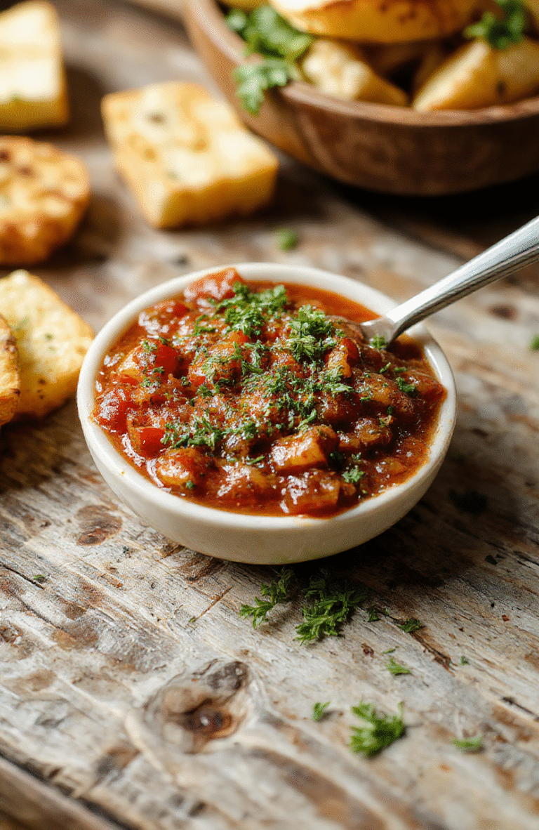 A vibrant and colorful bowl of bruschetta dip featuring chopped ripe tomatoes, fresh basil, garlic, and olive oil served on a rustic wooden platter. The dip has a chunky, textured appearance with bright reds, greens, and whites, garnished with extra basil leaves and a drizzle of balsamic glaze. The background includes a loaf of crusty baguette slices and a casual, inviting setting with natural daylight highlighting the fresh ingredients and appealing textures.