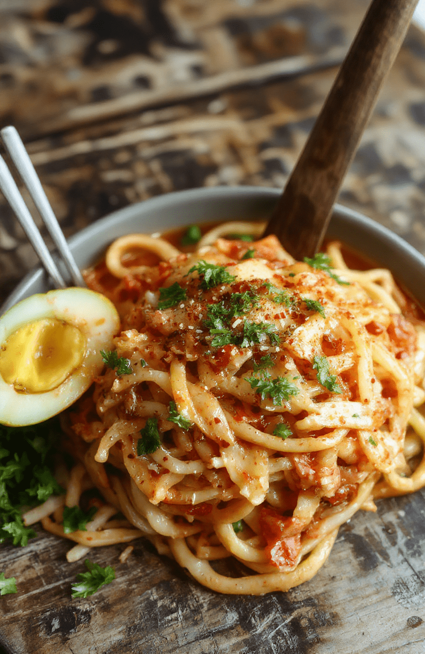 A vibrant plate of japchae noodles featuring translucent sweet potato starch noodles tossed with colorful sautéed vegetables like bell peppers, carrots, and spinach, garnished with sesame seeds and green onions, styled on a rustic wooden table with a background of fresh ingredients and chopsticks.
