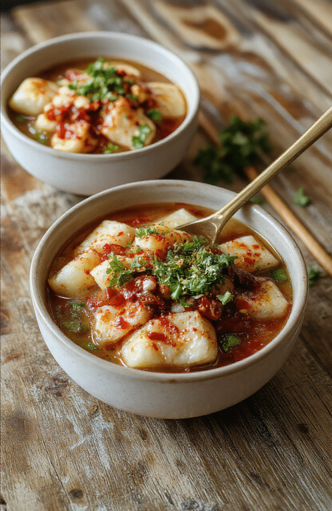 A vibrant potsticker noodle bowl featuring golden-brown potstickers arranged atop a bed of colorful stir-fried vegetables and tender noodles. The dish is garnished with chopped green onions and sesame seeds, served in a rustic bowl with a wooden spoon. Rich textures and inviting colors showcase the crispy potstickers and fresh ingredients, styled simply on a light wooden table.