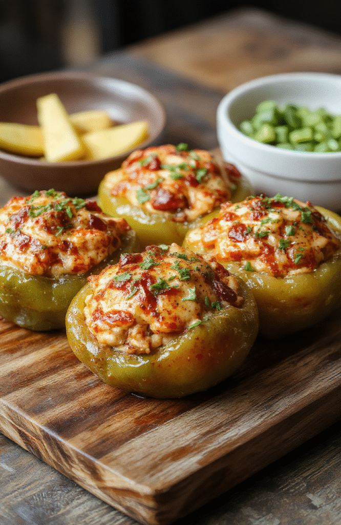 Colorful stuffed bell peppers arranged on a rustic wooden platter, showcasing a vibrant mix of red, yellow, and orange peppers filled with seasoned rice, ground meat, and melted cheese. The peppers are garnished with fresh herbs, with a close-up focus highlighting their juicy textures and cheesy topping, styled casually for a cozy dinner setting.