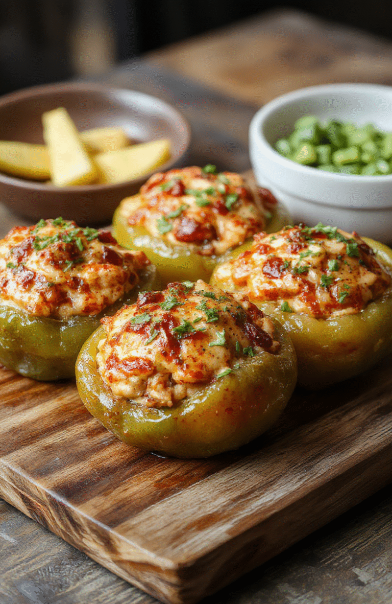 Colorful stuffed bell peppers arranged on a rustic wooden platter, showcasing a vibrant mix of red, yellow, and orange peppers filled with seasoned rice, ground meat, and melted cheese. The peppers are garnished with fresh herbs, with a close-up focus highlighting their juicy textures and cheesy topping, styled casually for a cozy dinner setting.