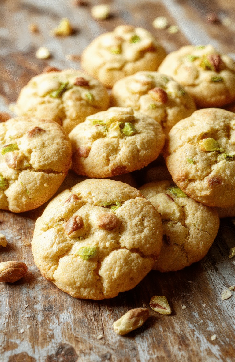 A plate of fluffy pistachio cookies shaded in light green and beige, stacked neatly with a few cookies broken to reveal a soft interior, styled with a sprig of pistachios on a rustic wooden surface, natural light enhances the textures and pastel colors, creating a fresh and inviting spring vibe.