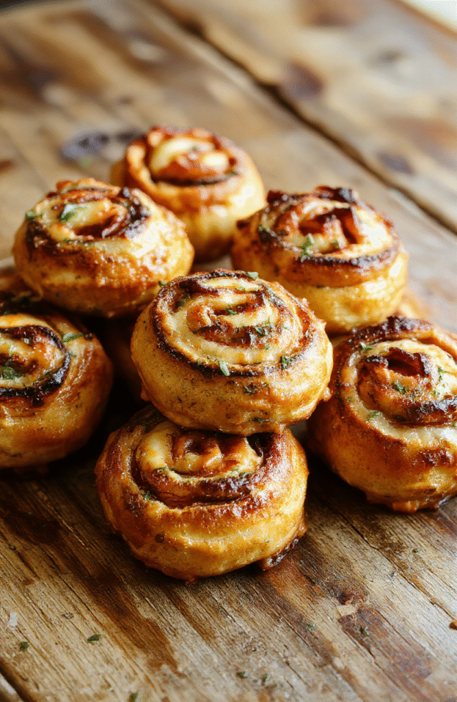 Golden-brown pumpkin rolls with a fluffy, soft texture, topped with a light dusting of powdered sugar, garnished with cinnamon, arranged on a rustic wooden plate with a cozy fall backdrop featuring pumpkins and warm hues.