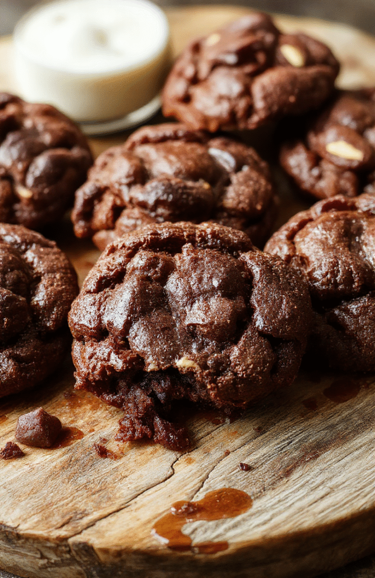A close-up shot of fudgy chewy brownie cookies arranged on a rustic wooden plate, showcasing their rich dark chocolate color, cracked surface, and slightly glossy finish, with a few bites revealing gooey centers, styled with minimal garnishes for an inviting presentation.