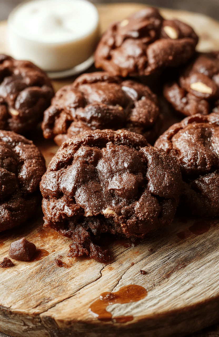 A close-up shot of fudgy chewy brownie cookies arranged on a rustic wooden plate, showcasing their rich dark chocolate color, cracked surface, and slightly glossy finish, with a few bites revealing gooey centers, styled with minimal garnishes for an inviting presentation.