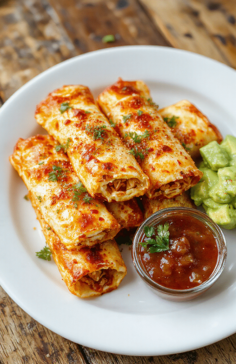 A close-up of golden, crispy taquitos filled with seasoned meat and cheese, arranged on a white plate with a side of fresh salsa and guacamole, vibrant colors, textures of crunch and tender filling, styled casually on a rustic wooden surface