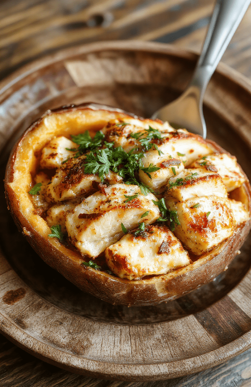 A vibrant chicken sweet potato bowl with diced roasted sweet potatoes, grilled chicken strips, fresh greens, and colorful vegetables, arranged beautifully on a rustic wooden plate with a drizzle of sauce, styled simply to highlight the textures and colors of the ingredients.