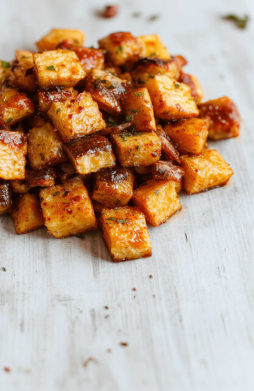 Colorful roasted sweet potatoes and carrots arranged on a rustic white plate, garnished with fresh herbs. The vegetables have a caramelized, slightly crispy exterior with a tender interior, showcasing vibrant orange and deep brown tones. The plate is placed on a light wooden surface styled with subtle shadows and natural daylight, highlighting the textures and colors of the dish.