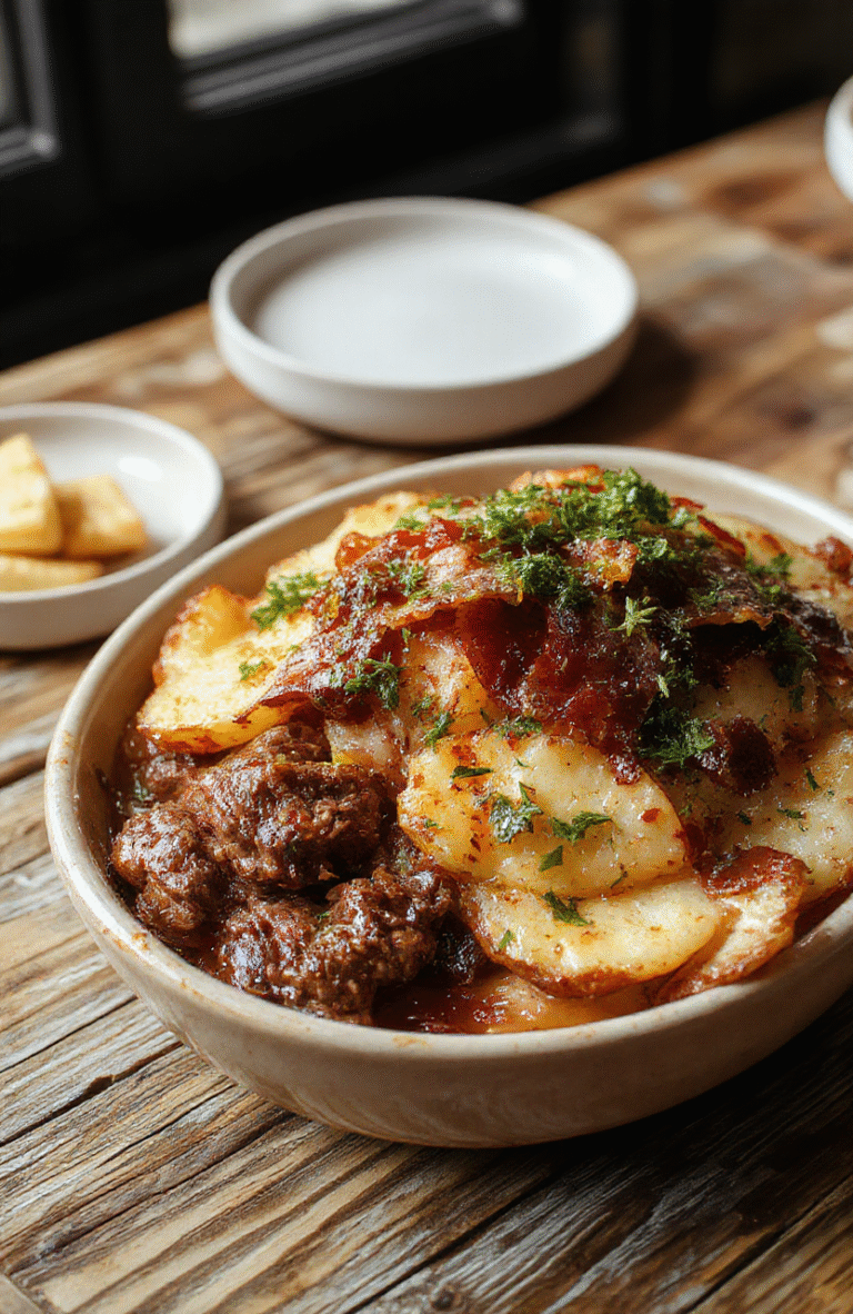 A rustic white plate featuring crispy golden roasted potatoes topped with savory slices of beef and crispy bacon, garnished with fresh herbs and surrounded by chopped vegetables in warm, inviting lighting.